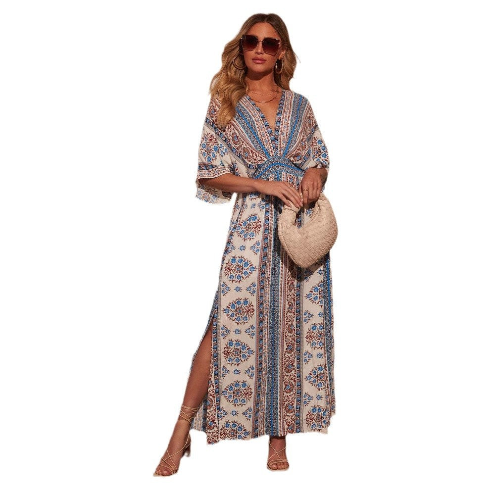 Printed Long Short Sleeve Printed V-neck Dress