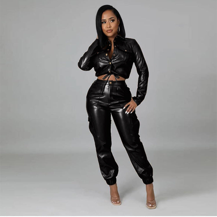 Fashion Slim PU Leather Fleece Trousers Overall Suit