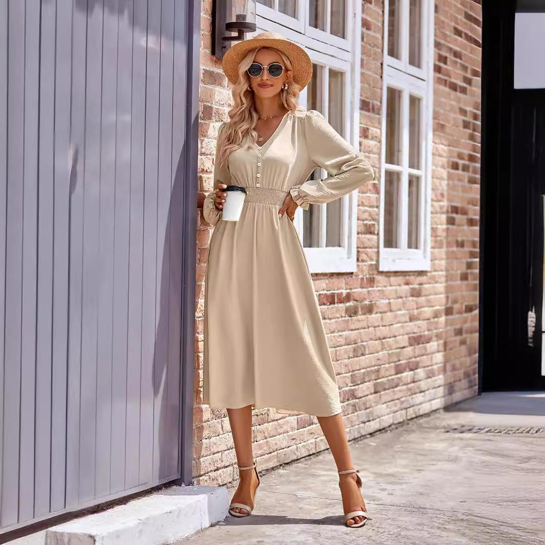 Robe mi-longue unie à col en V et taille serrée pour femme, automne et hiver