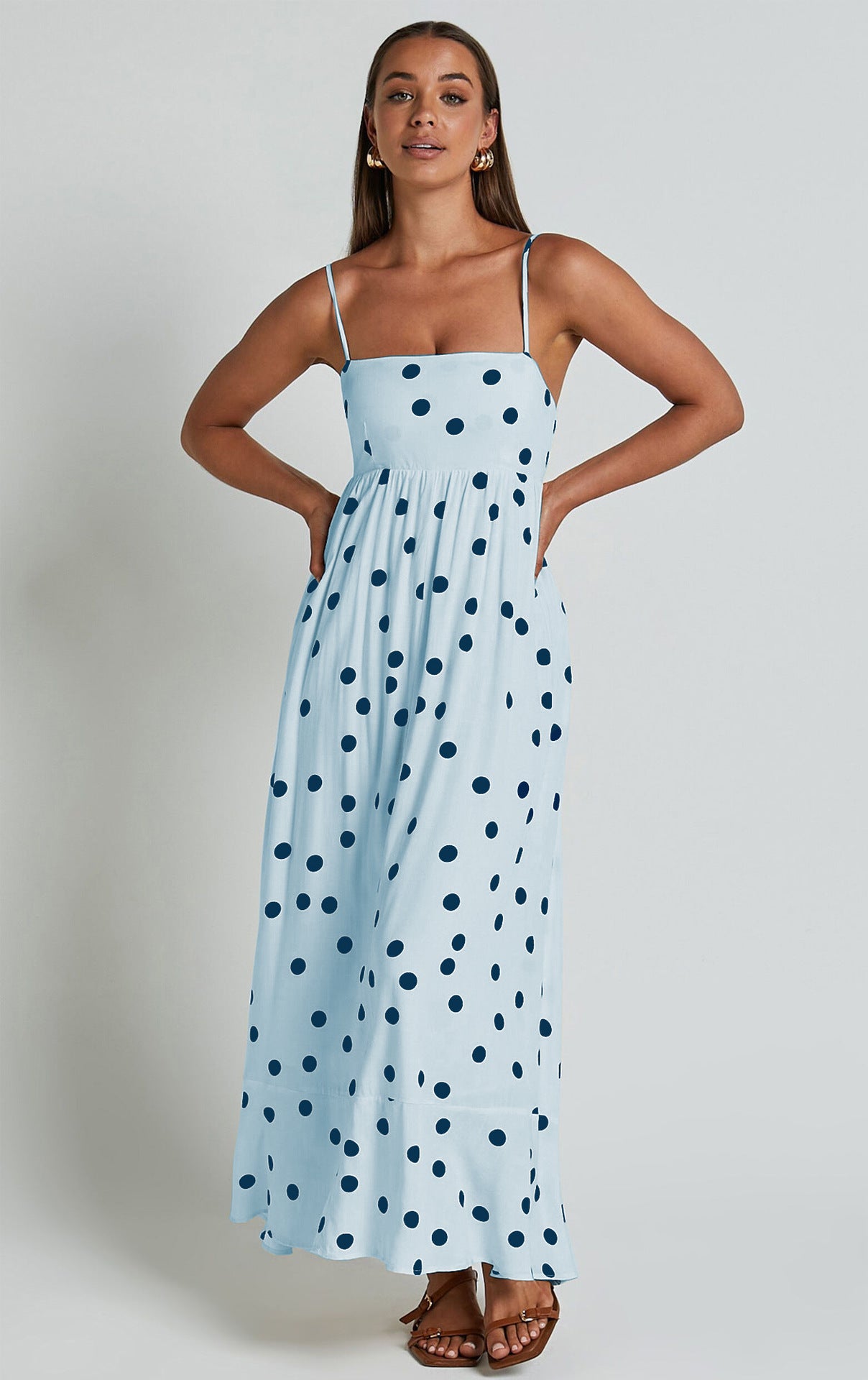 U-collar Tight Waist Large Skirt Polka Dot Print Dress