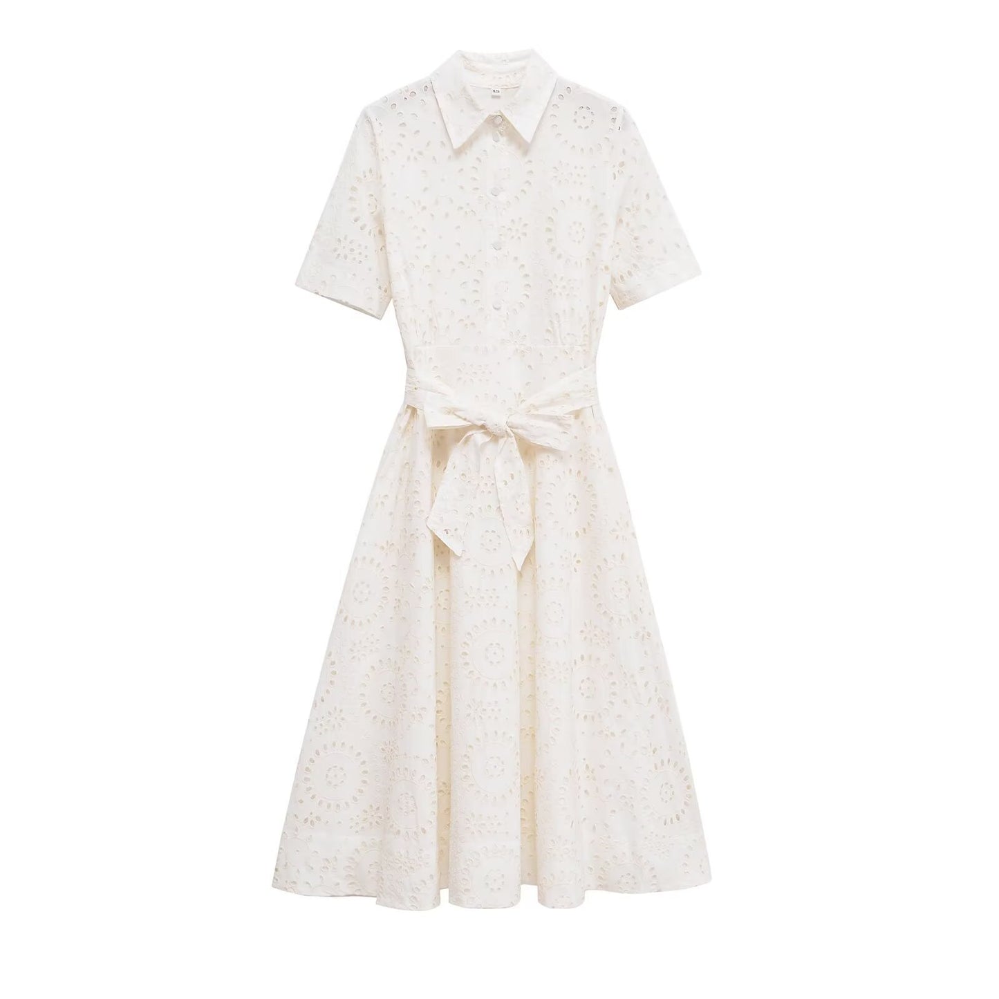 Poplin Shirt-style Lace-up Embroidery Dress