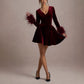 Autumn And Winter A- Line Waist Fitted Furry Long Sleeve V-neck Short Dress