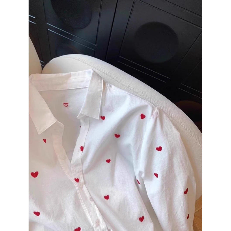 Love Full Print Lapel Long Sleeve Shirt Women
