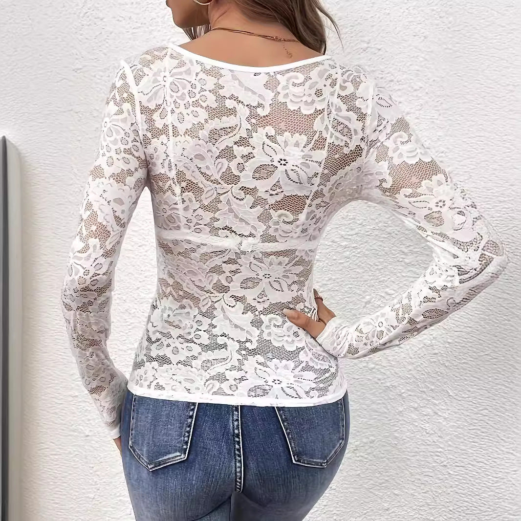 Elegant V-neck Fan-shaped Collar Single Layer Lace Long Sleeve
