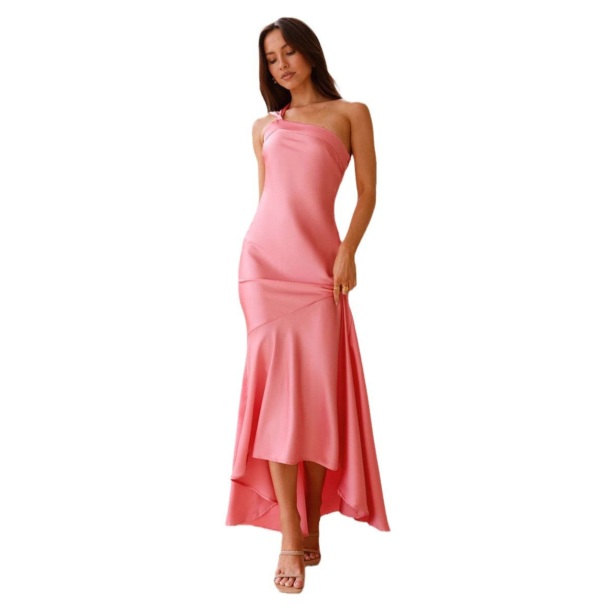 Slim-fit Oblique Shoulder Strap Backless Fishtail Dress