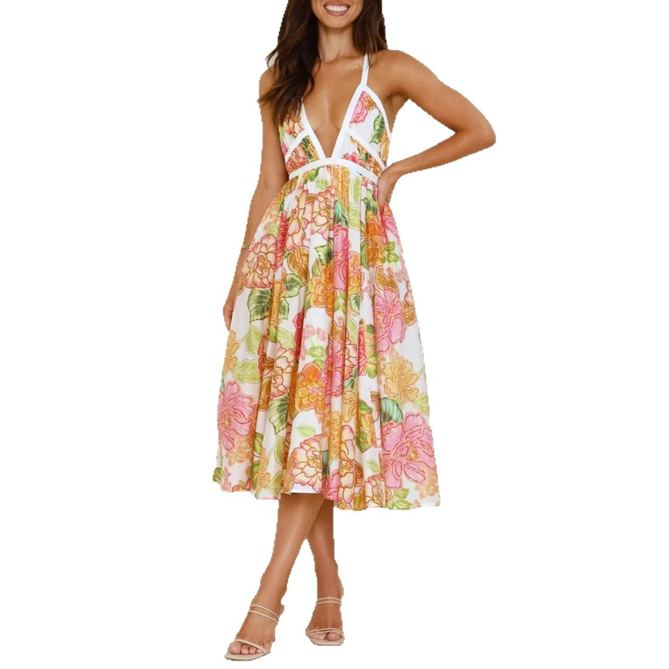 Floral Swing V-neck Lace-up Fashion Vacation Dress