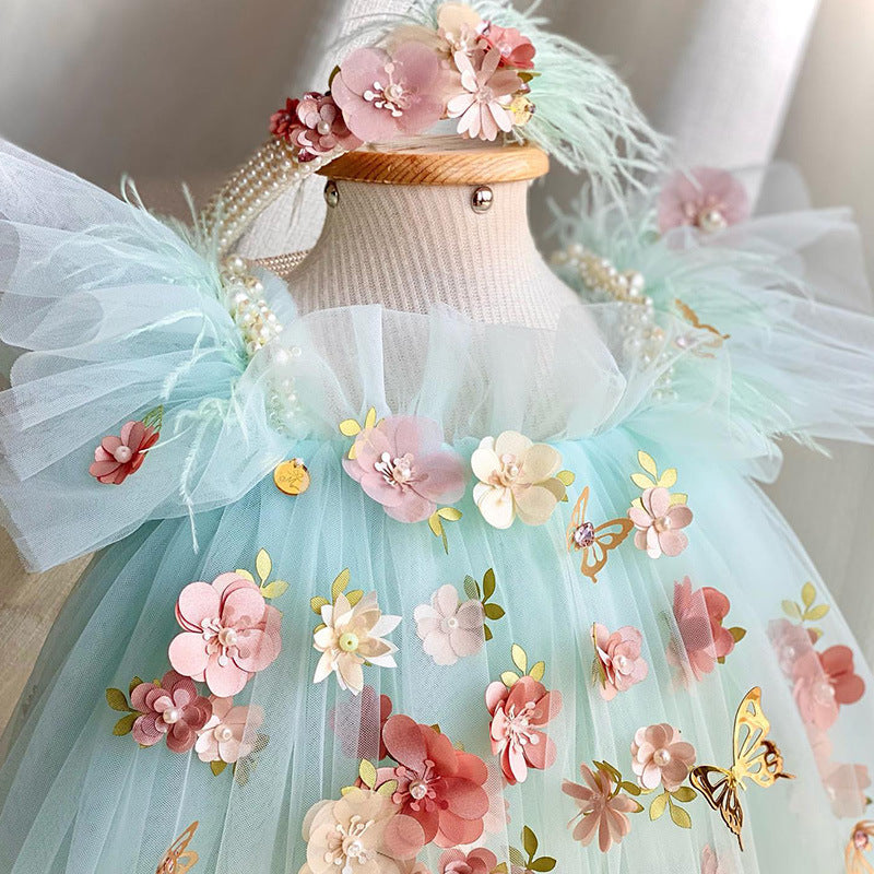 Robe de princesse Lolita pour fille avec motif de fleurs brodées et papillons