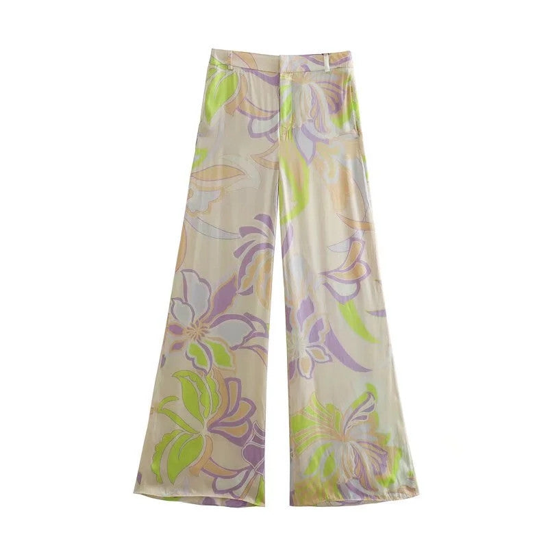 Spring And Summer Women's French Retro And Fashion All-matching Printed Shirt Straight-leg Trousers Suit