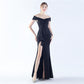 Female Solid Color Satin Off-shoulder Long Evening Dress