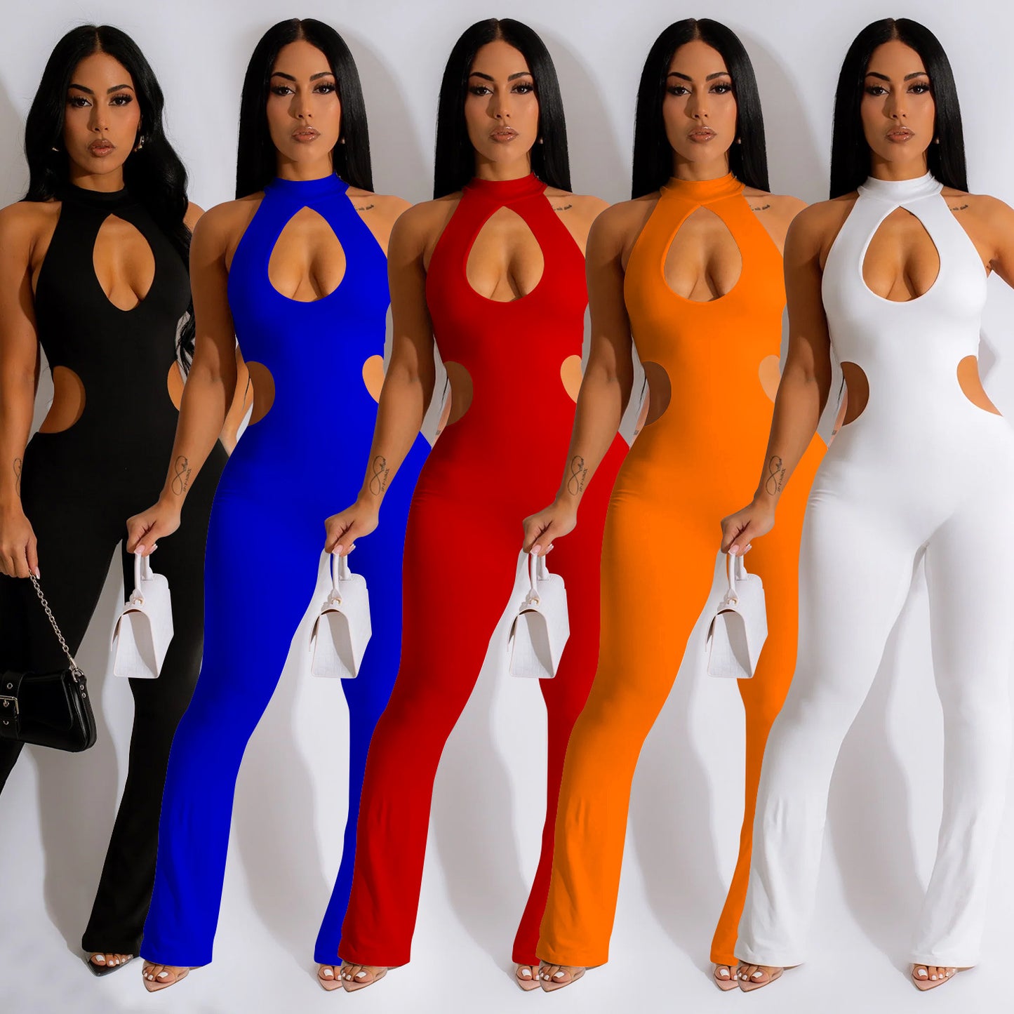 Women's Solid Color Halter Hollow-out Jumpsuit
