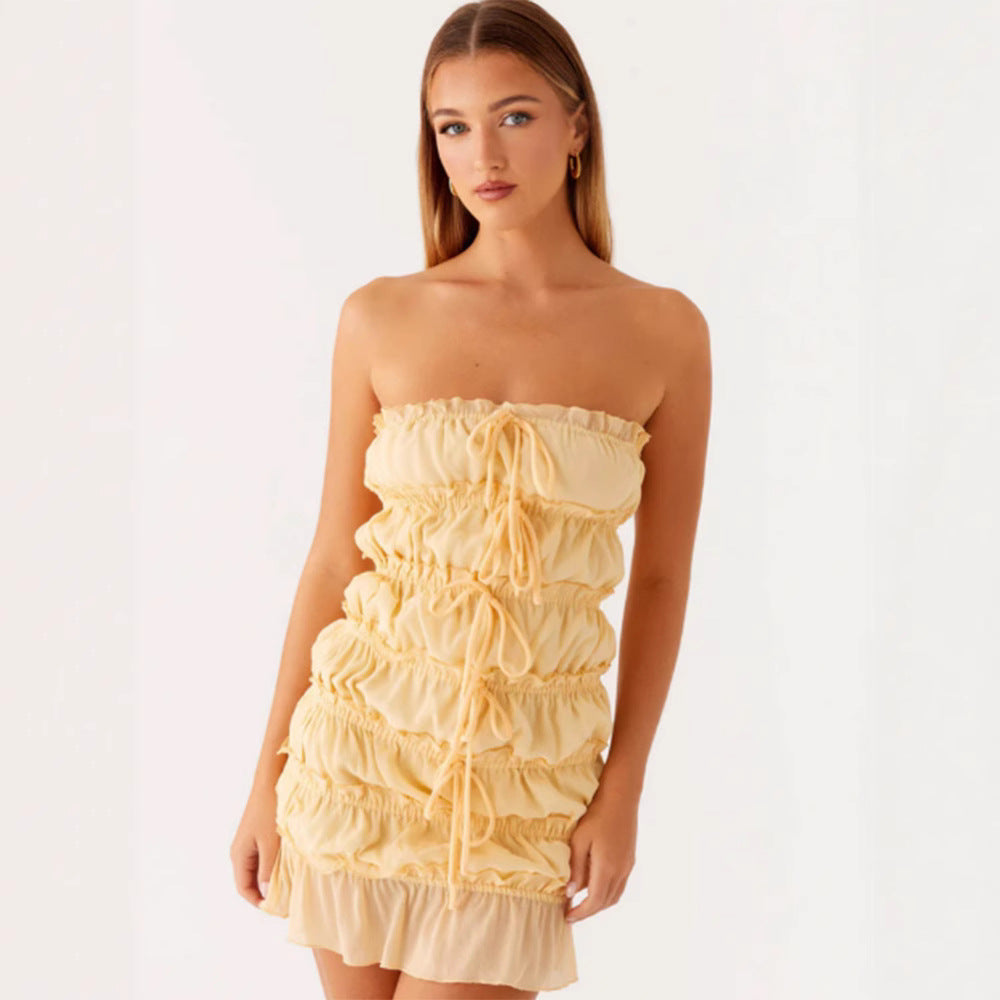 Sweet Yellow Bowknot Lace-up Tube Top Dress