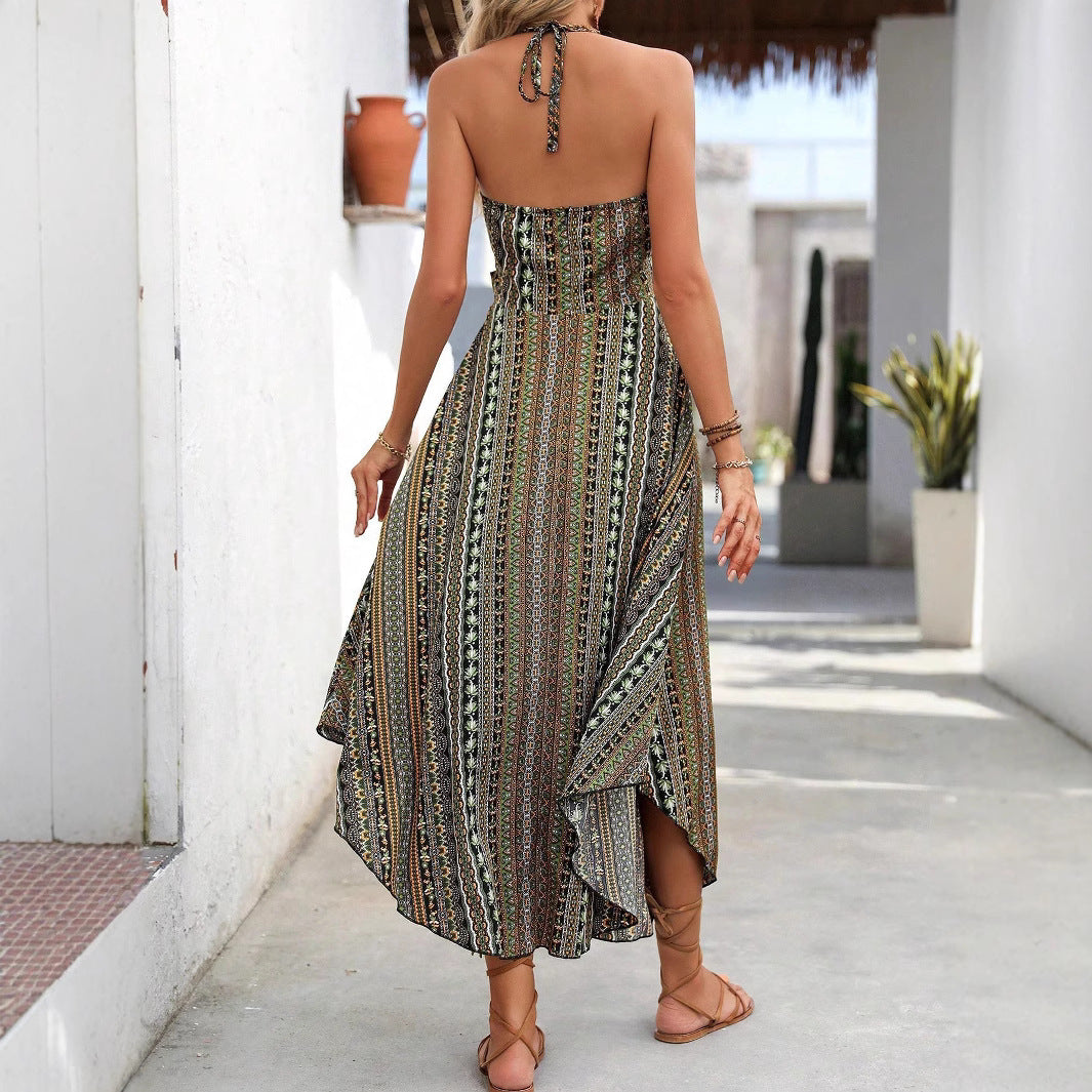 Women's Fashion Printing Halter Lace-up Dress