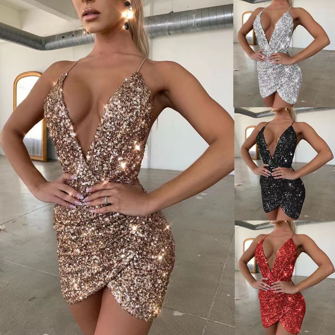 Early Autumn V-neck Sequin Sling Dress Skirt Backless Dress
