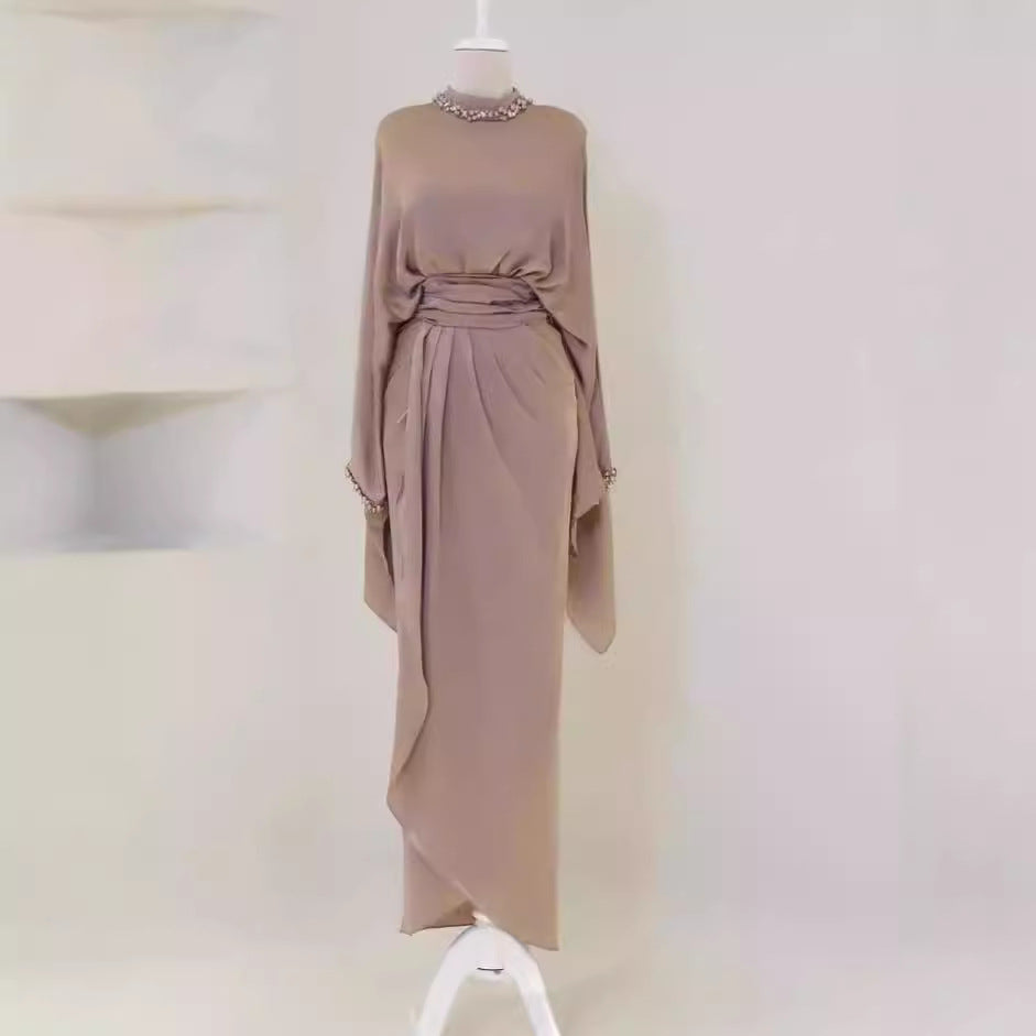 Elegant Batwing Sleeve Top Elegant Waist-tight Mid-length Dress Set