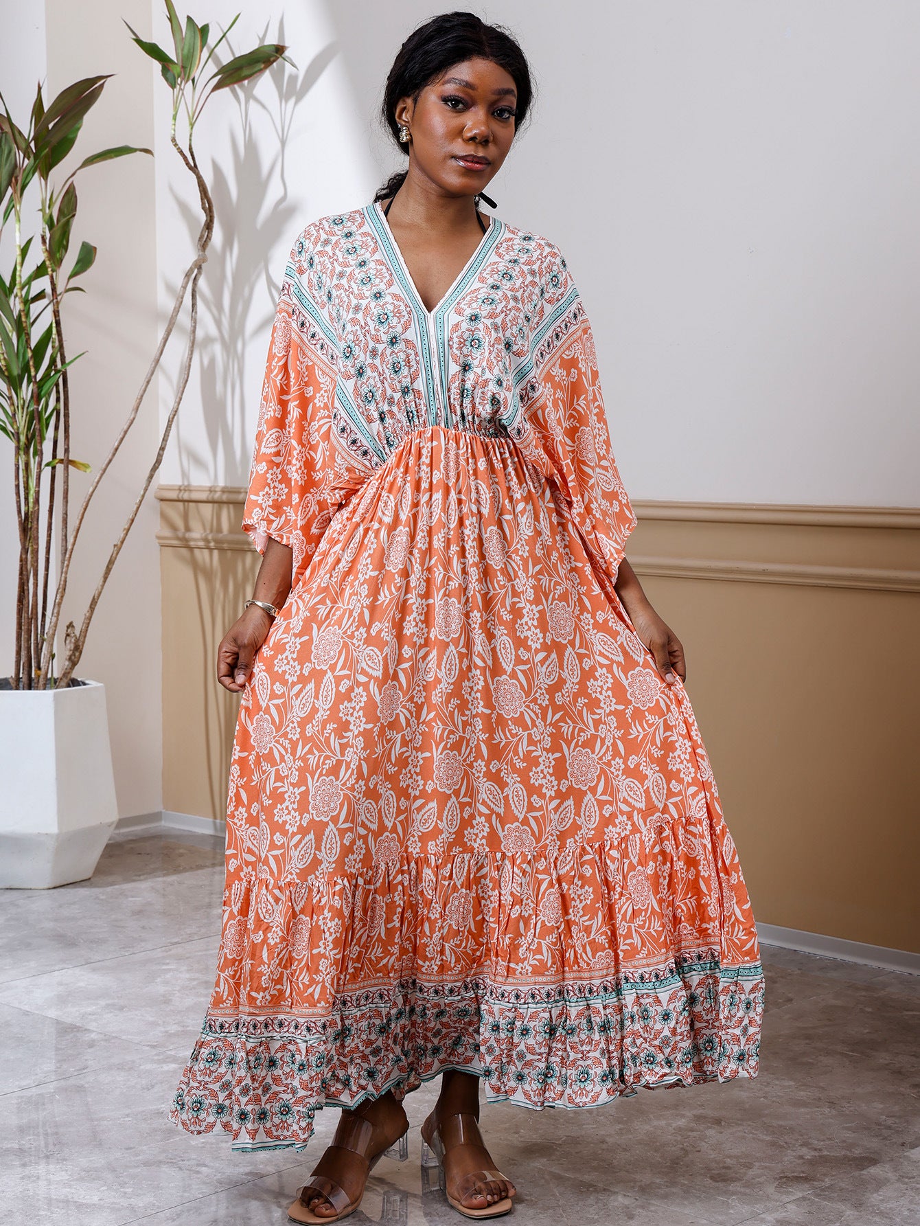 V-neck Beach Vacation Bat Sleeve Bohemian Dress