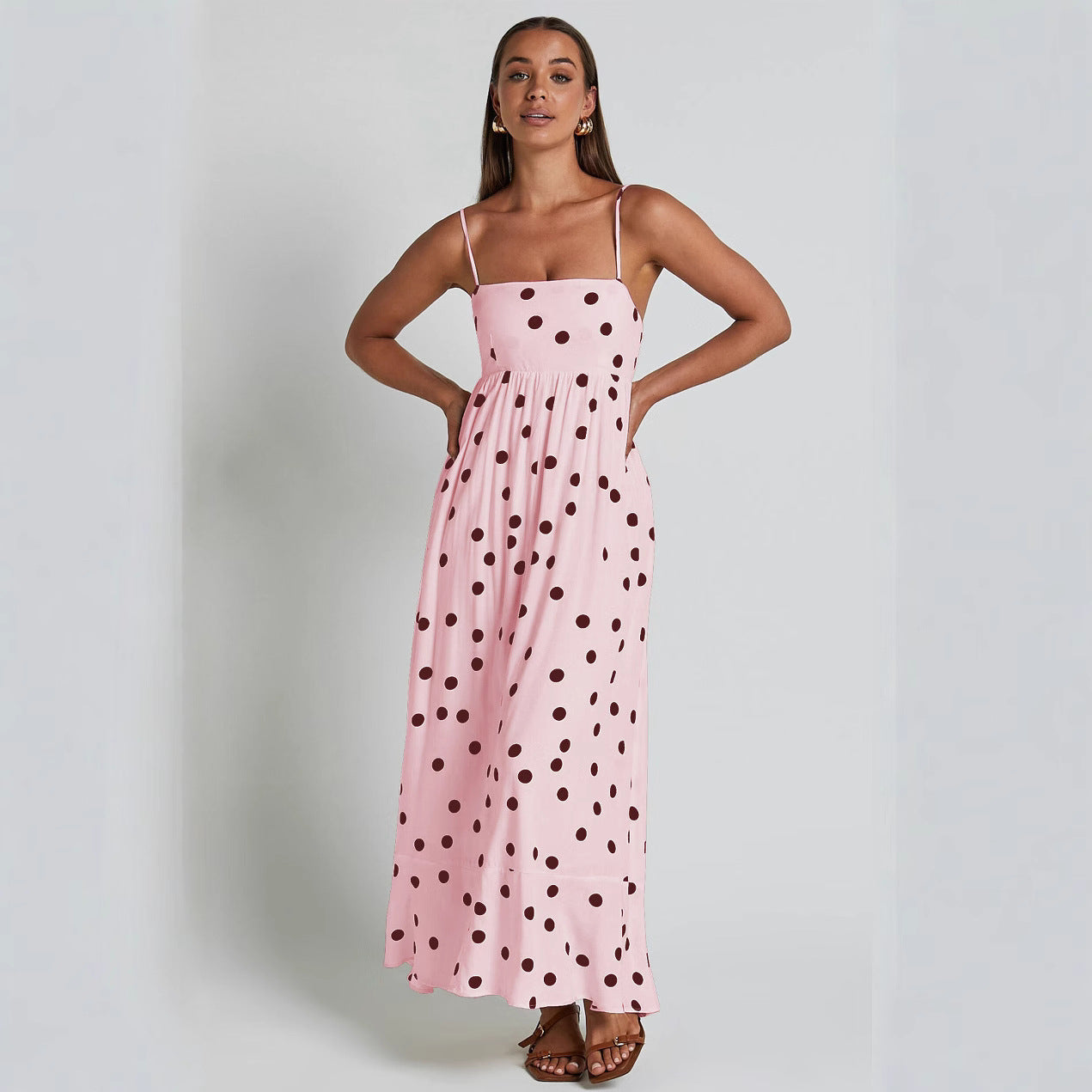 U-collar Tight Waist Large Skirt Polka Dot Print Dress