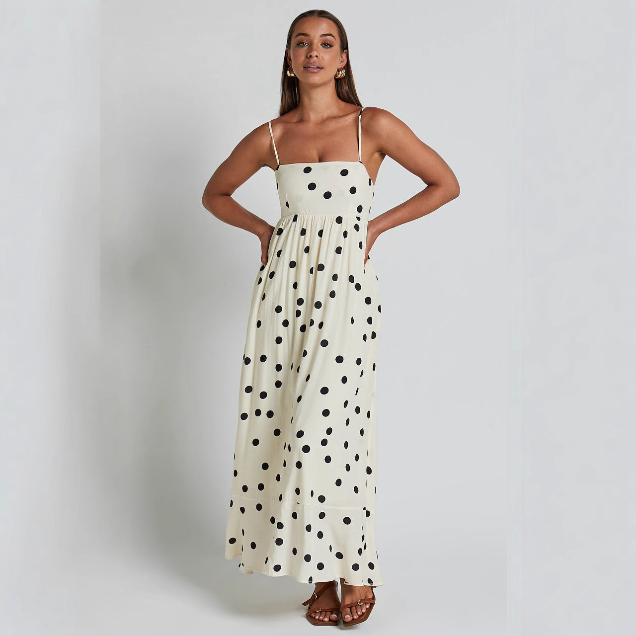 U-collar Tight Waist Large Skirt Polka Dot Print Dress