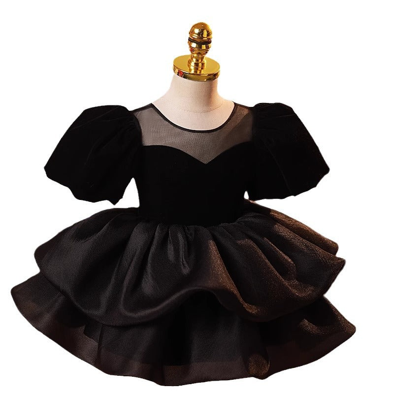 Children's Black French Style Puff Sleeve Princess Dress Summer Girls