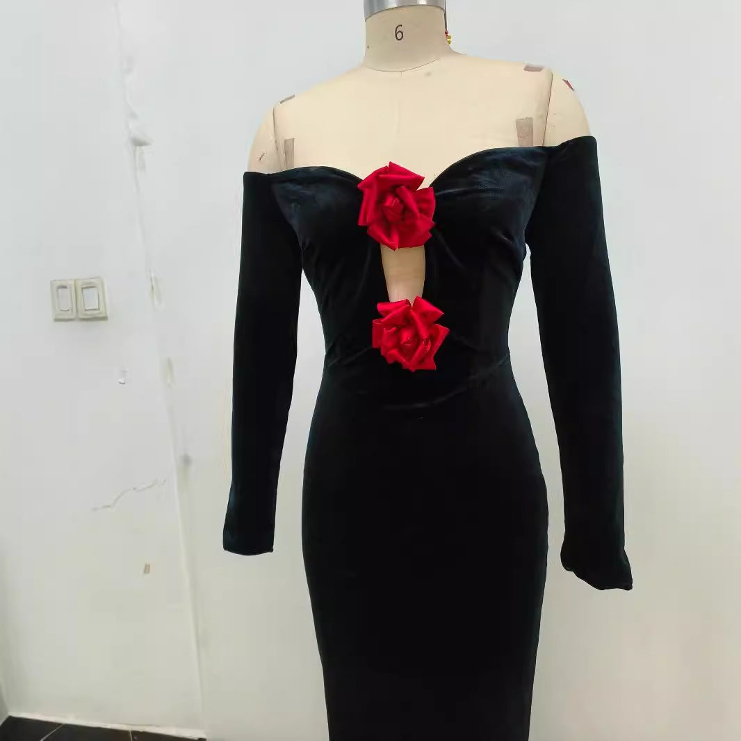 Mesh Long Sleeve Flower See-through Dress