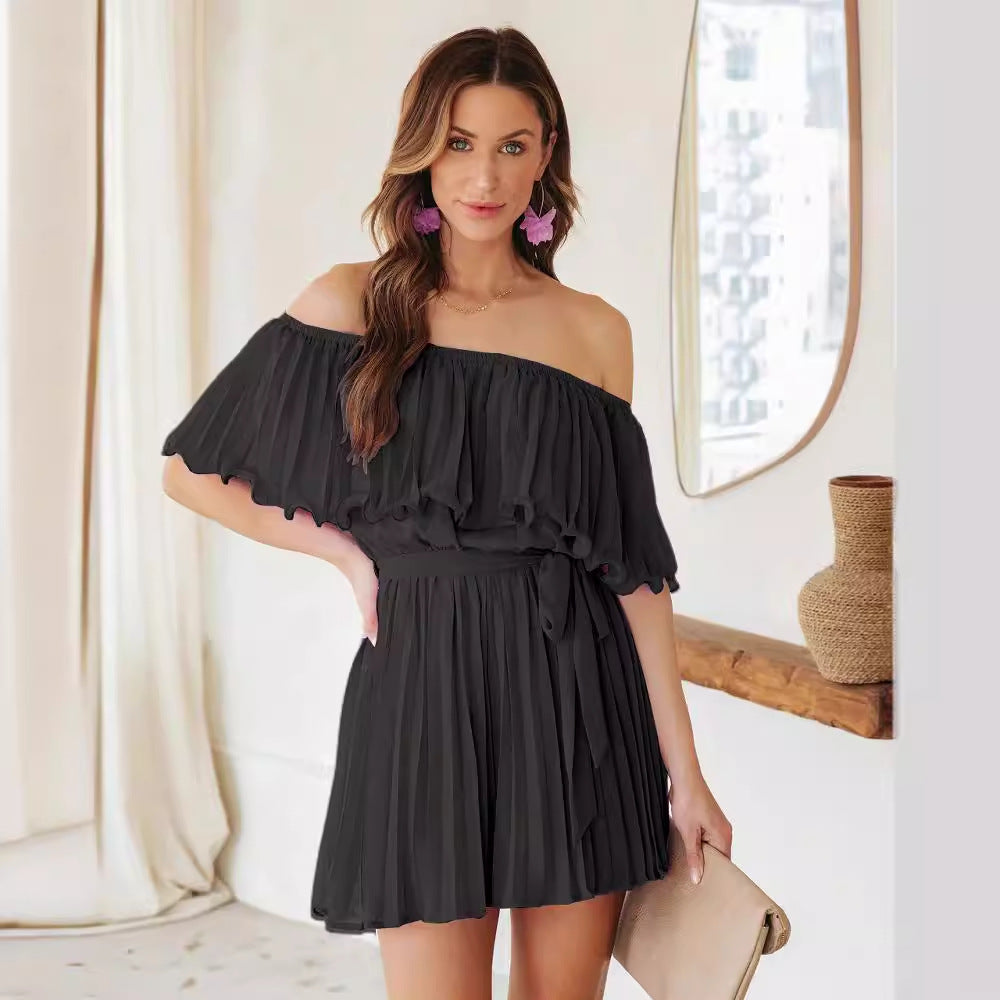 Solid Color Pleated Short-sleeved Jumpsuit