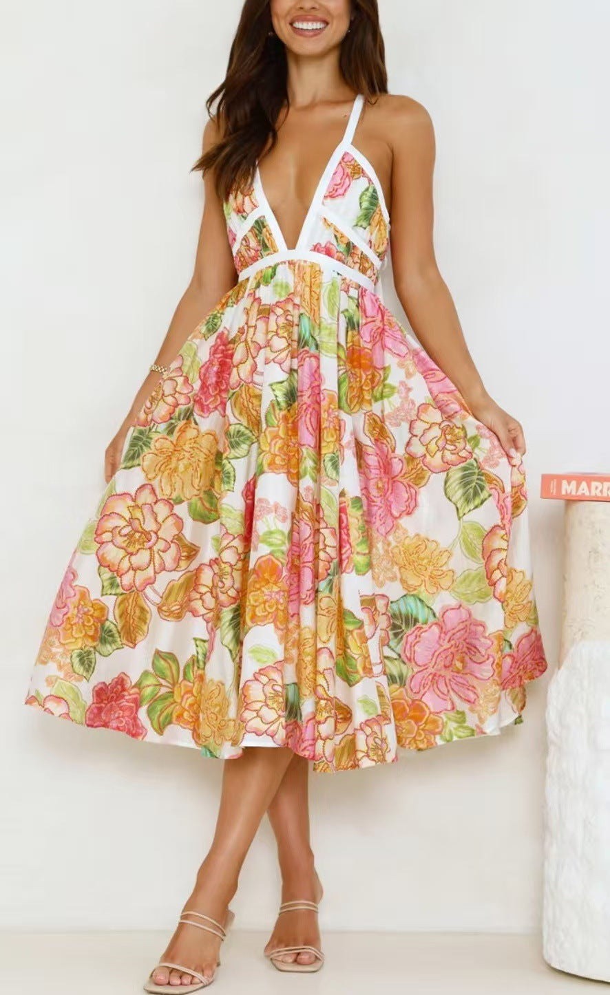 Floral Swing V-neck Lace-up Fashion Vacation Dress