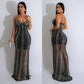European And American Fashion Women's Pure Color Mesh Rhinestone Strap Dress