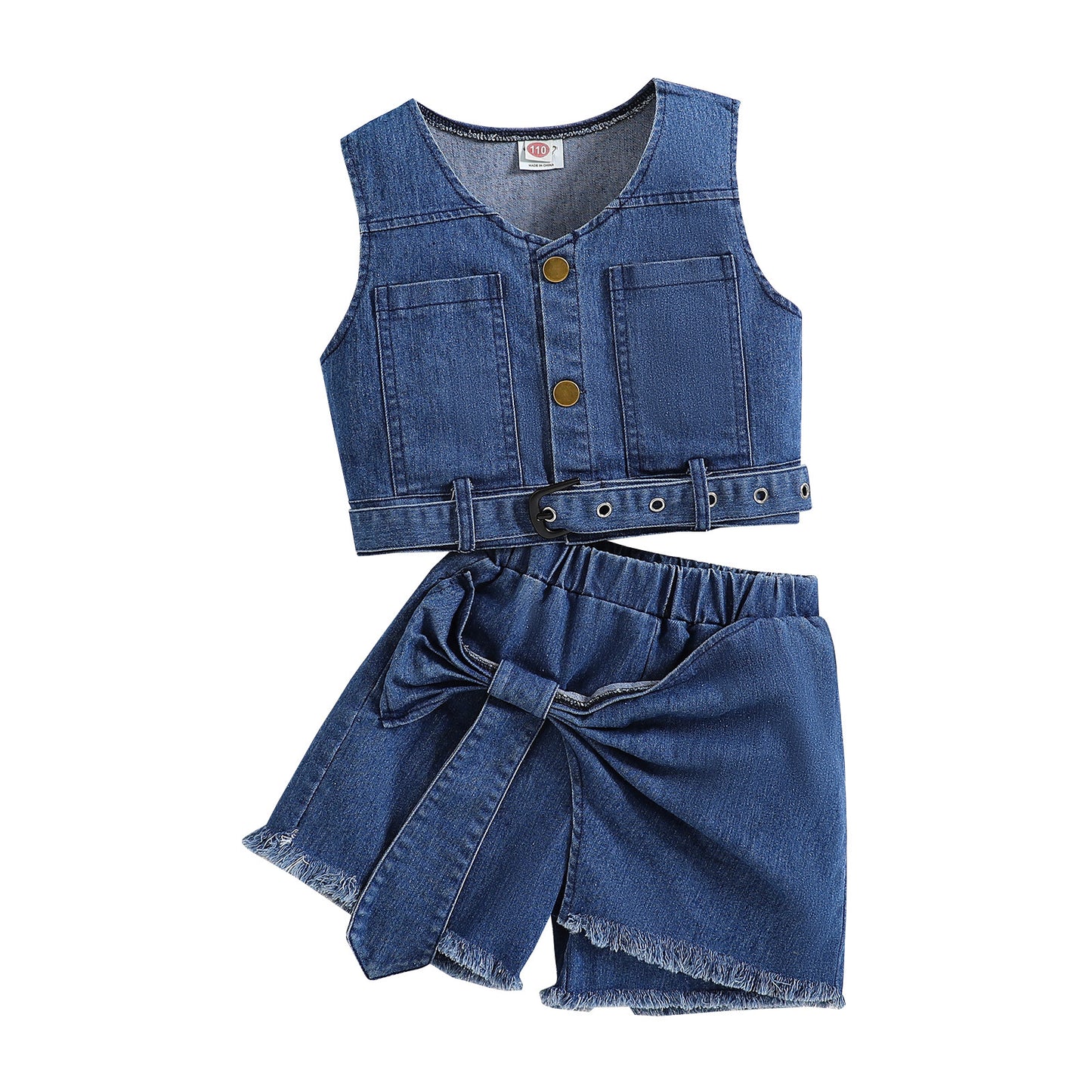 Ensemble deux pièces en jean pour fille, gilet et jupe-culotte à nœud