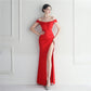Female Solid Color Off Shoulder One Neck Slit Dress