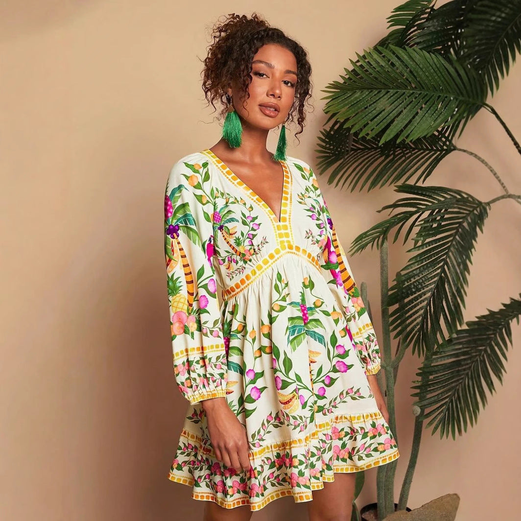 V-neck Printed 34 Sleeves Mini Dress