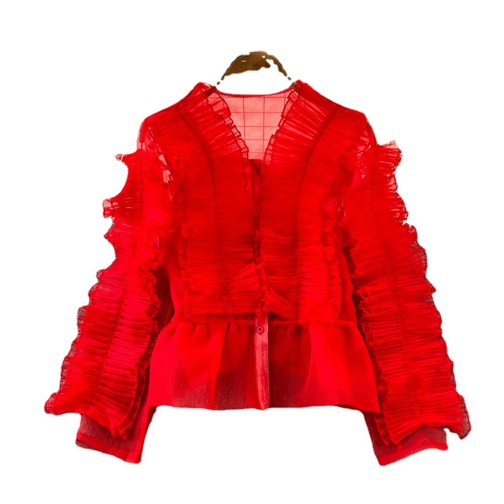 Retro Temperamental Fairy Loose V-neck Flounce Shirt For Women