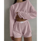 Hollow Long-sleeved Suit With Loose Round-neck Tops And Elastic Split Shorts Fashion Women's Clothing