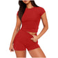Solid Color Slim Shirt Top High Waist Shorts Suit
