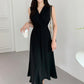 French Style V-neck Pleated Temperament Lace-up Waist-controlled Slimming Sleeveless Dress