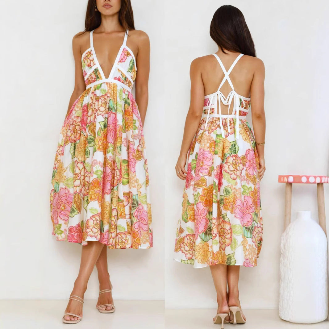 Floral Swing V-neck Lace-up Fashion Vacation Dress