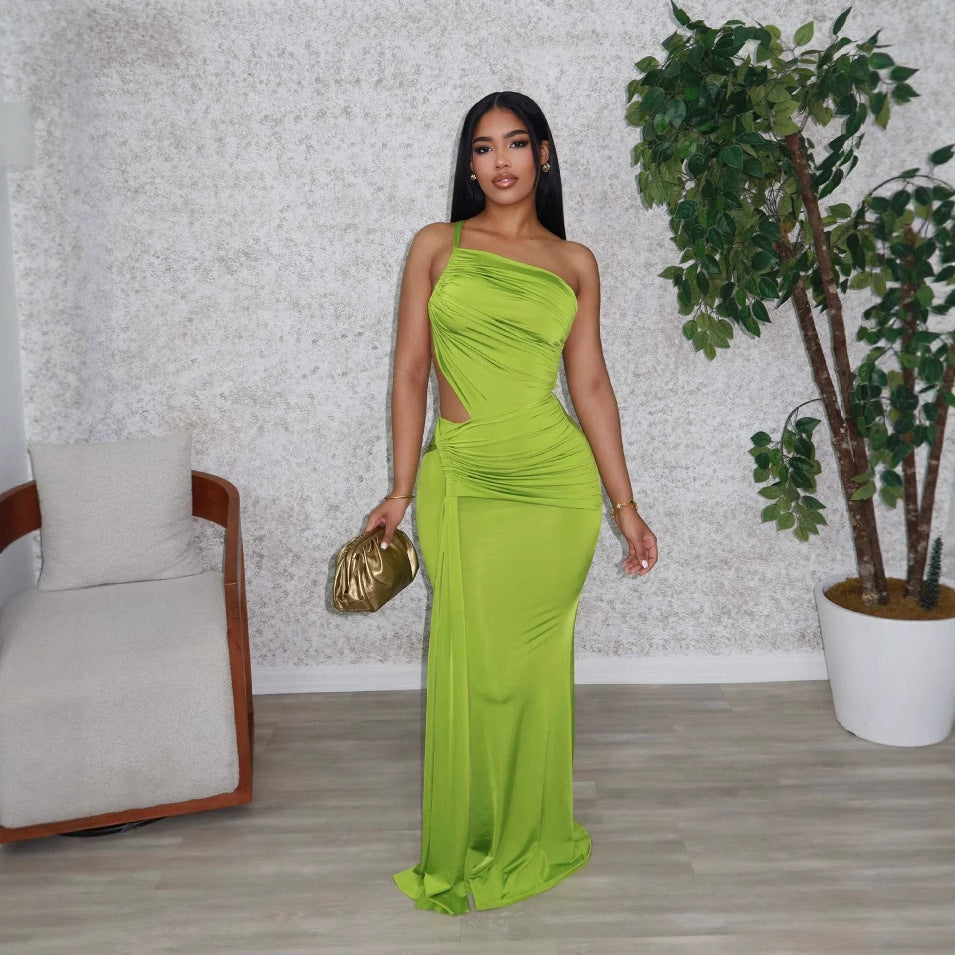 Women's Fashion Solid Color Long One Shoulder Pleated Dress