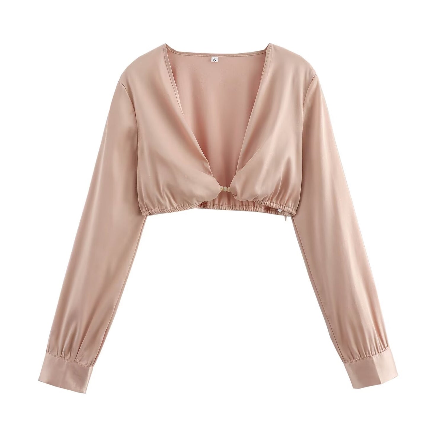 New Navel Cut Short Long Sleeve Top With Waist Pleated Irregular Hem Suit