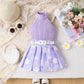 Girls' Pit Striped Halter Sleeveless Top Printed Pleated Skirt Belted Suit