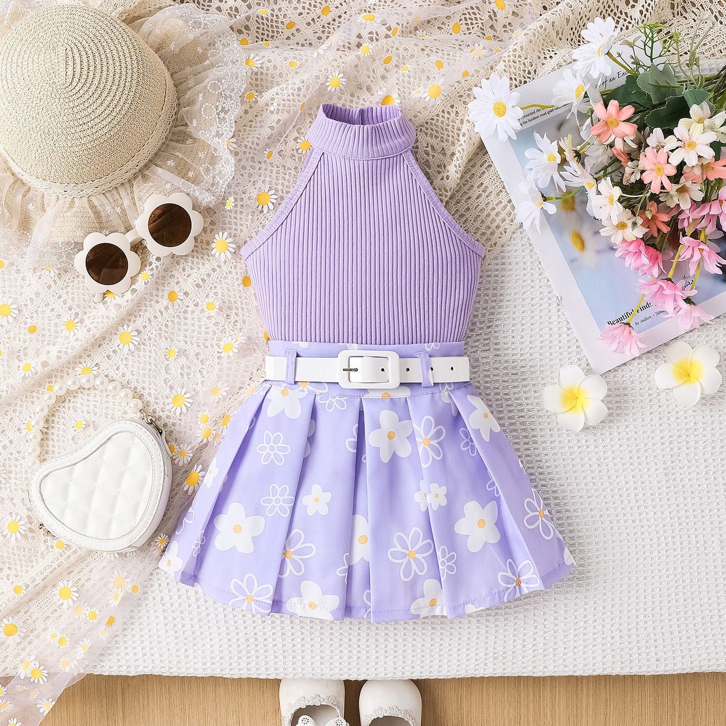 Girls' Pit Striped Halter Sleeveless Top Printed Pleated Skirt Belted Suit