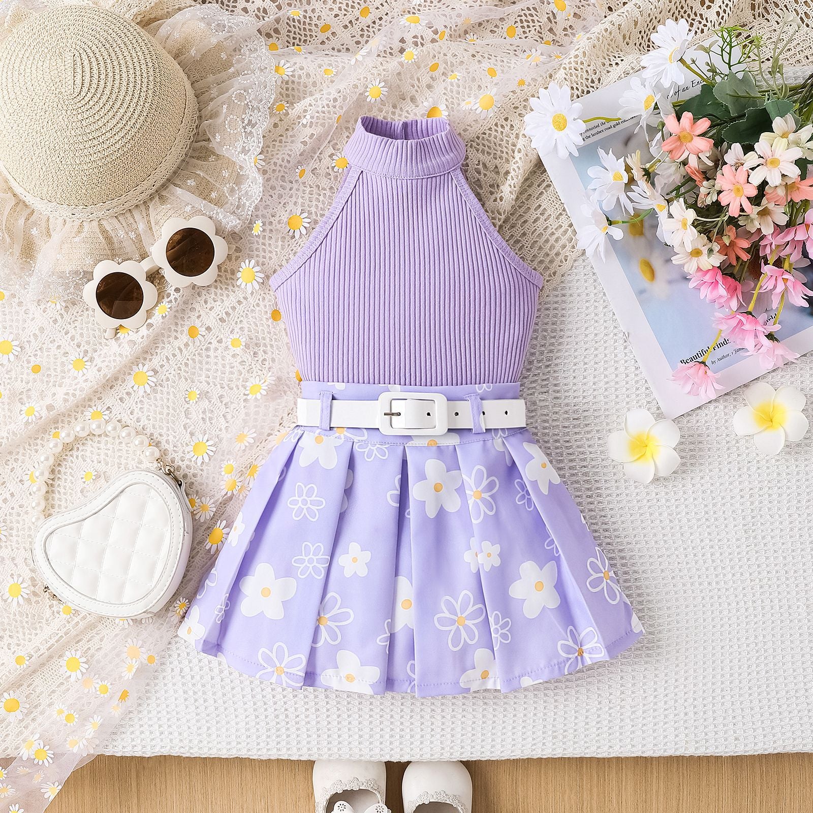 Girls' Pit Striped Halter Sleeveless Top Printed Pleated Skirt Belted Suit