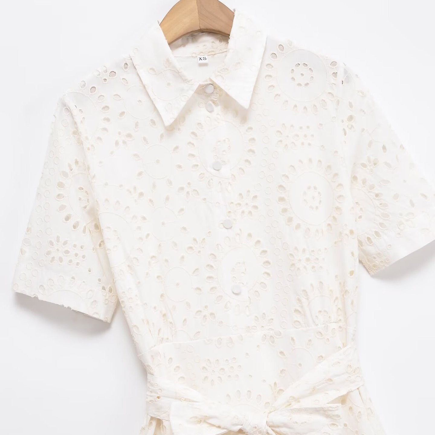 Poplin Shirt-style Lace-up Embroidery Dress