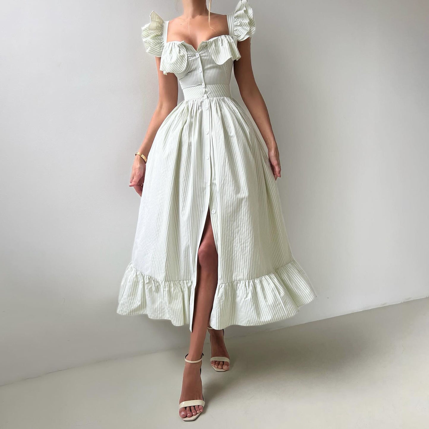 Striped Ruffles A- Line Waist Fitted Dress