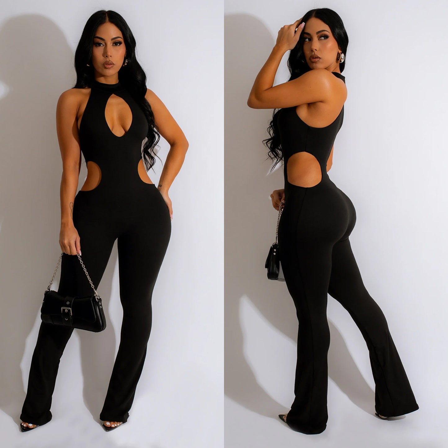 Women's Solid Color Halter Hollow-out Jumpsuit