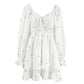 White Crepe Cotton And Linen Square Collar Puff Sleeve Heart Printing High Waist Dress