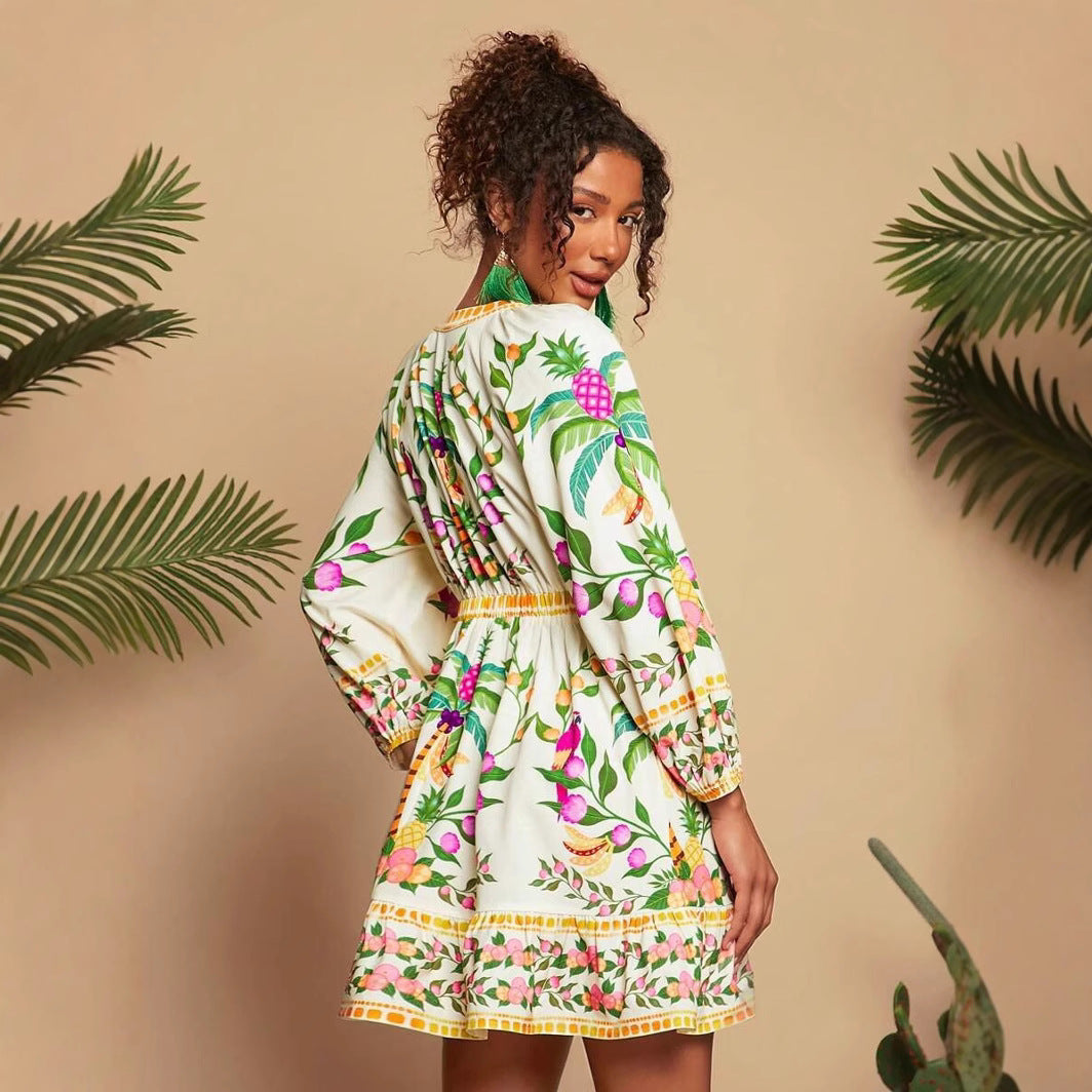V-neck Printed 34 Sleeves Mini Dress