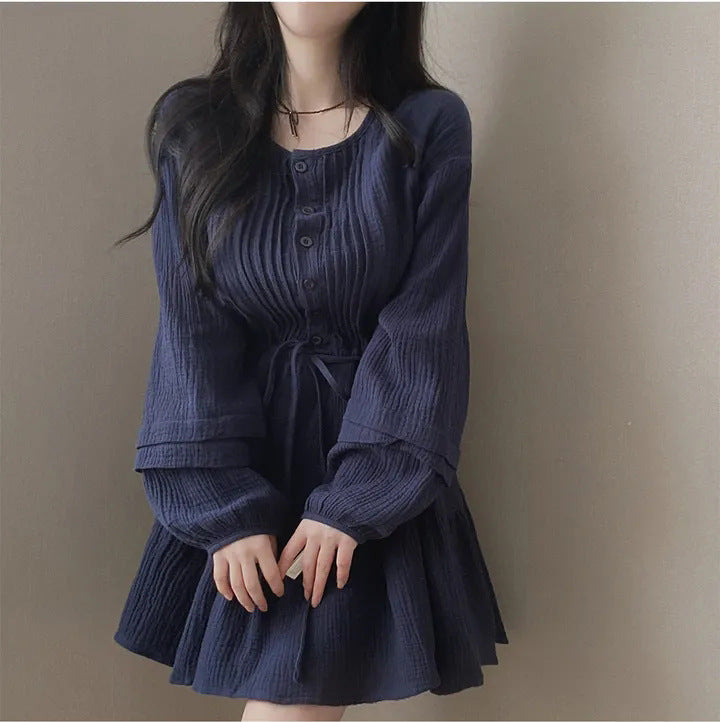 Pleated Design Small Lace-up Waist-controlled Slimming Dress