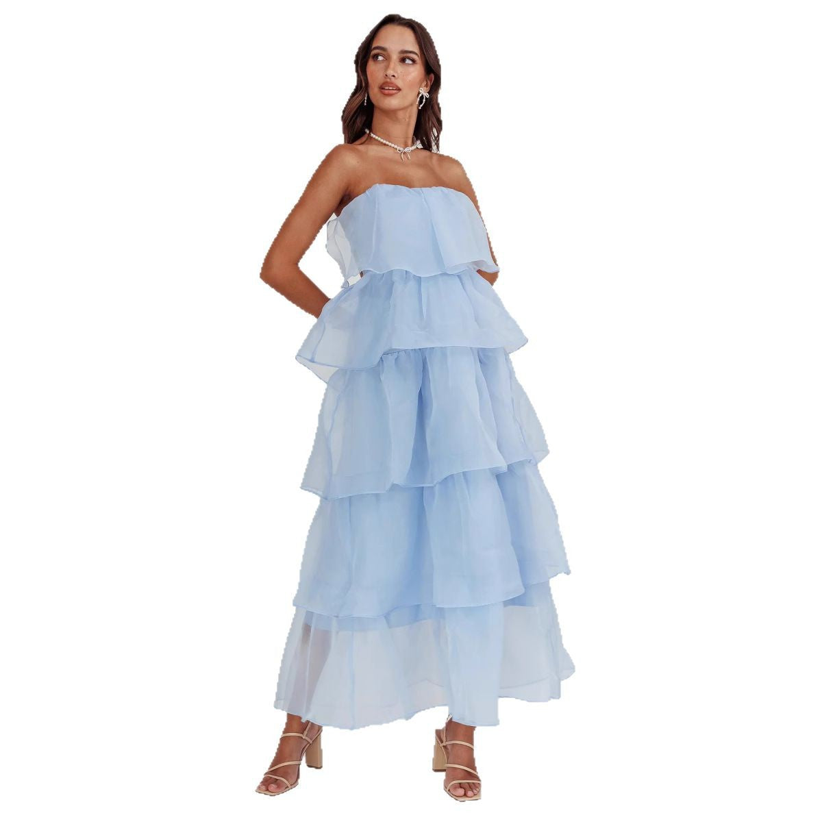 Pure Color Ruffles Suspender Layered Dress