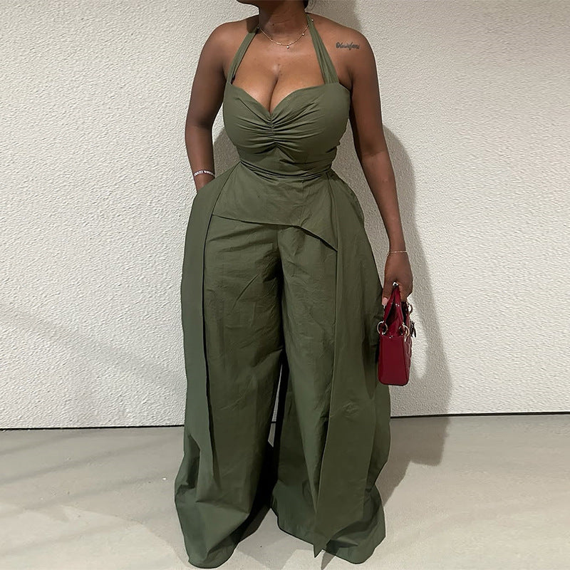 Halter V-neck Irregular Sleeveless High Waist Ribbon Jumpsuit Trousers