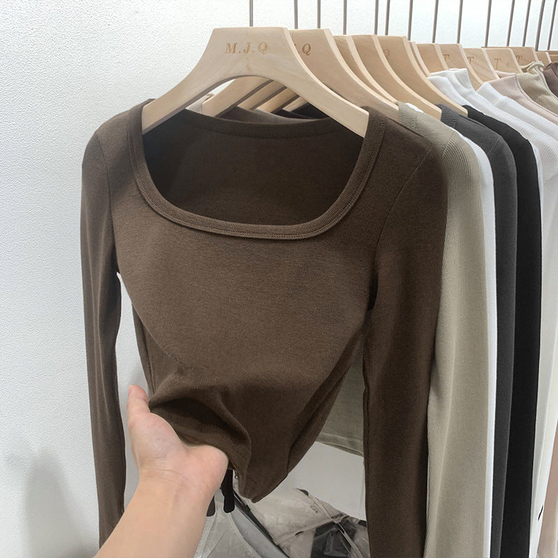 Solid Color Square Collar Bottoming Shirt Long Sleeve