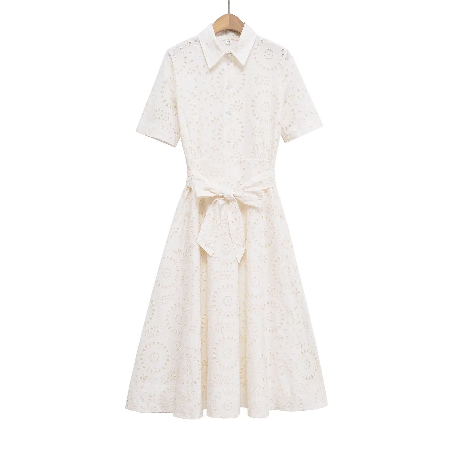 Poplin Shirt-style Lace-up Embroidery Dress