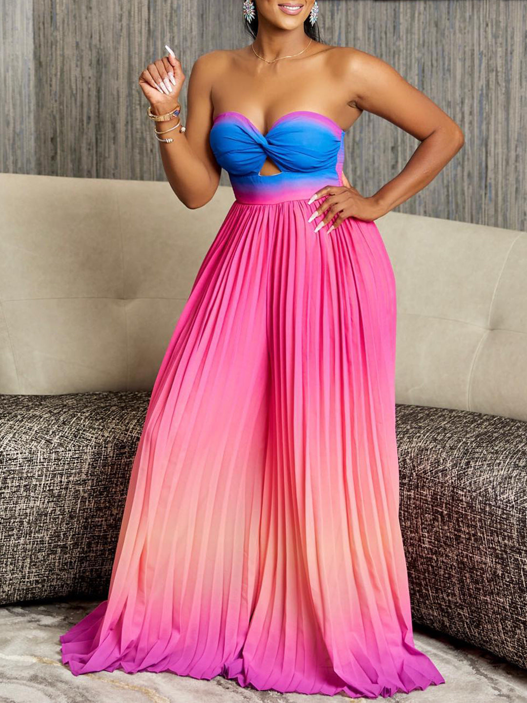 Summer Tube Top Backless Fashion Gradient Color Wide Leg Jumpsuit